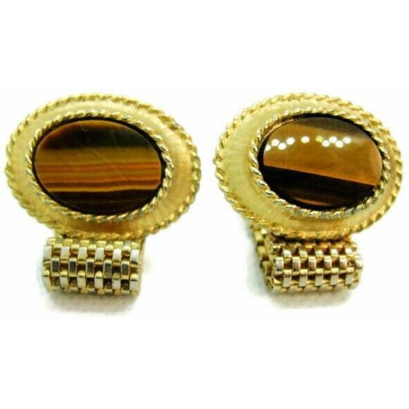 Tiger Eye Oval Cufflinks Mesh Wraparound Gold Tone Cuff Link Shirt Men Vintage - Picture 1 of 5